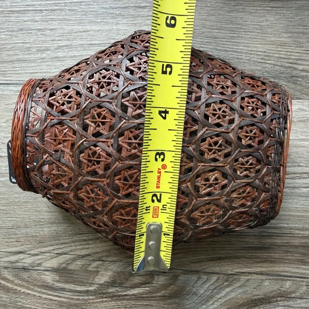 Vintage Woven Bamboo Star Weave Basket Vase Wall Hanging Pocket Brown 7in